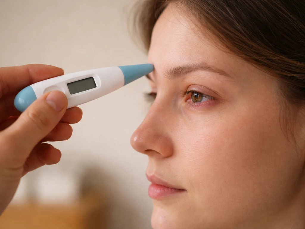 Close-up of red irritated eye with a thermometer near a person’s forehead, showing mild human conjunctivitis and fever c