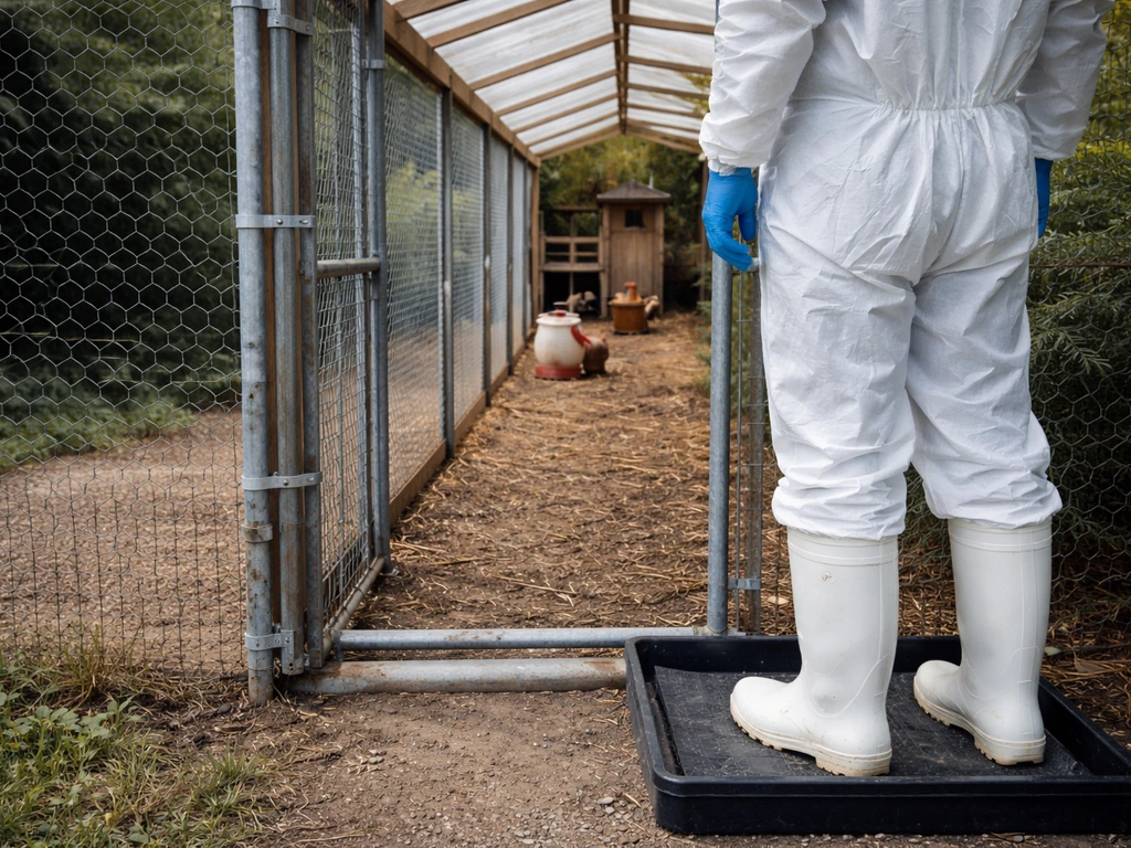 Protective-clad person at a fenced, netted backyard chicken coop entrance with visible footwear and barrier containment.