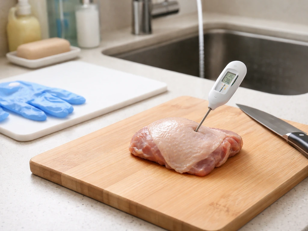 Kitchen scene with a thermometer reading near 70°C in poultry, gloves and soap by the sink for safe handling.