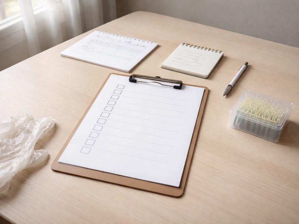Minimal desk scene with a clipboard of blank checkboxes, notepad, pen, and monitoring supplies in natural light.