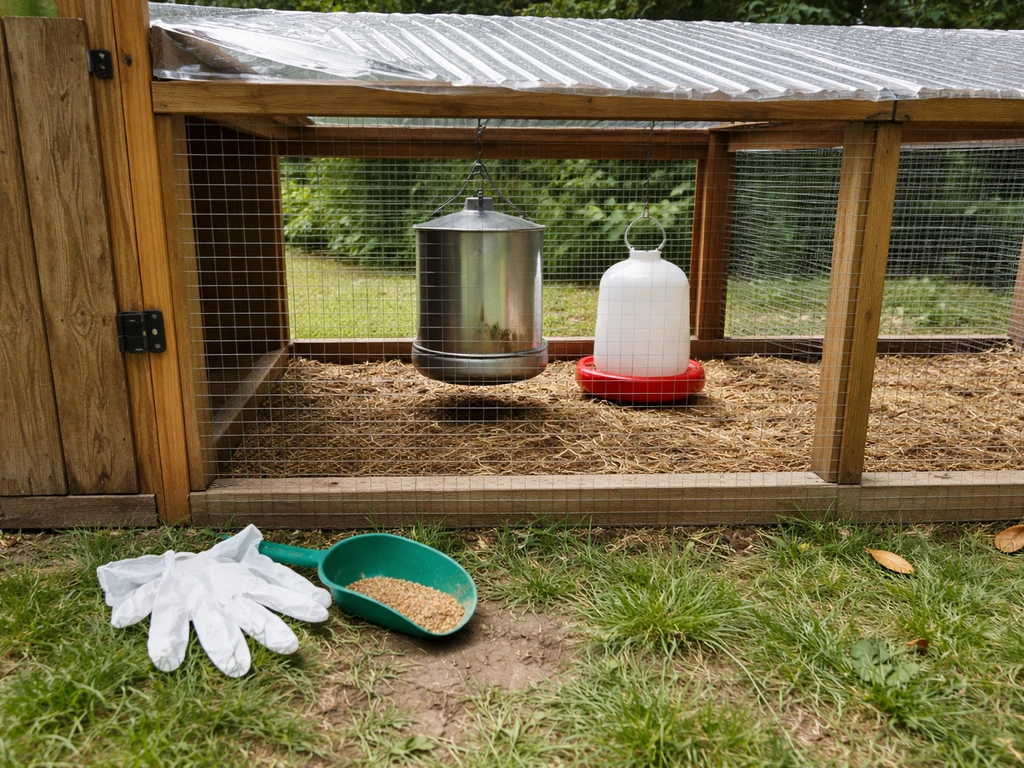 Gloved hands and a secured backyard chicken coop run with covered feeder and waterer protected from wild birds.