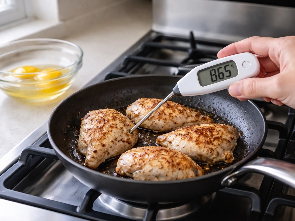 Hand inserts a thermometer into cooking chicken, with display showing 165°F beside eggs in a kitchen.