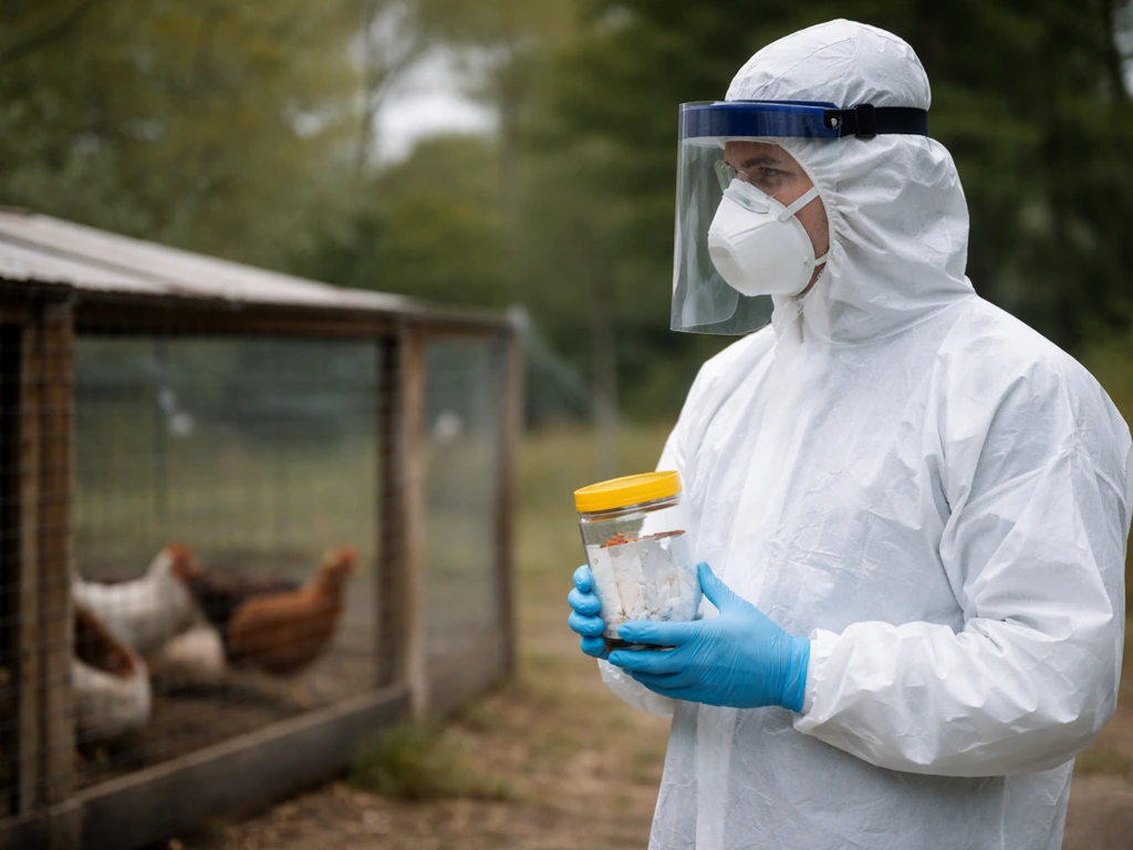 Protective-gear worker cautiously checking a fenced poultry area under natural light.