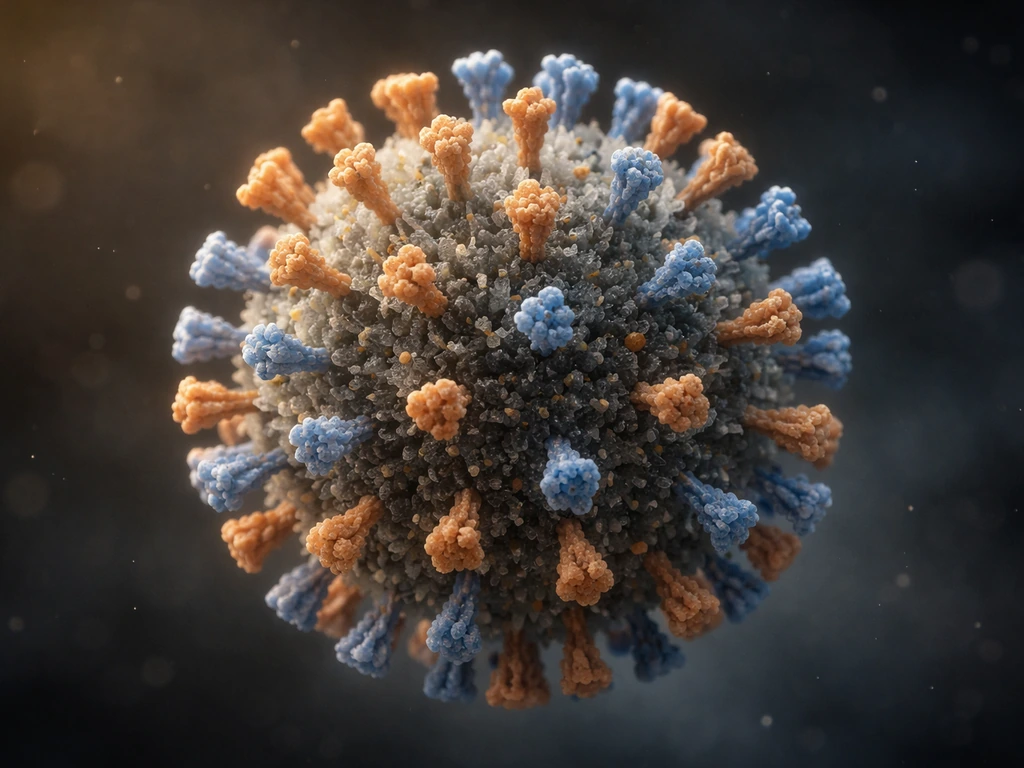 Macro photo of a virus-like particle with two colored spike types representing H and N.
