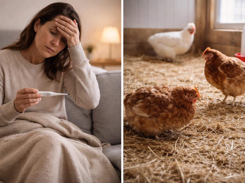 Split image showing an anonymous sick person at home and a chicken in a barn with ruffled feathers.