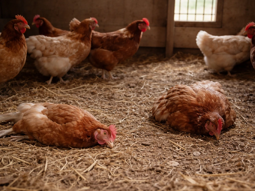 Quiet poultry yard with a few sick chickens lying down, suggesting sudden deterioration in a flock.