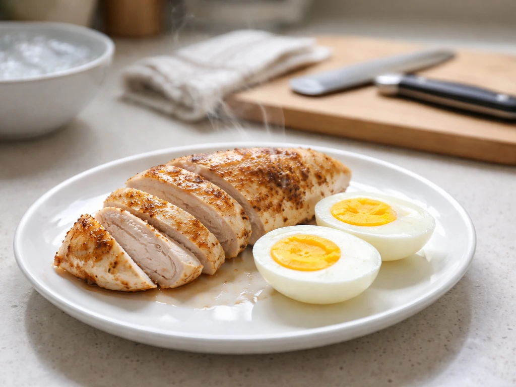 Freshly cooked chicken and eggs on a plate, with a separate clean cutting board showing raw-to-cooked separation