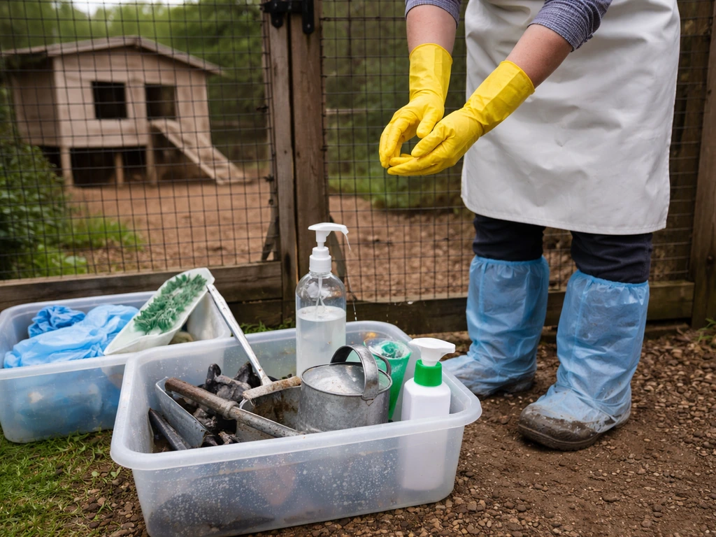 Backyard poultry keeper disinfecting and cleaning equipment with gloves and boot covers near the coop gate.