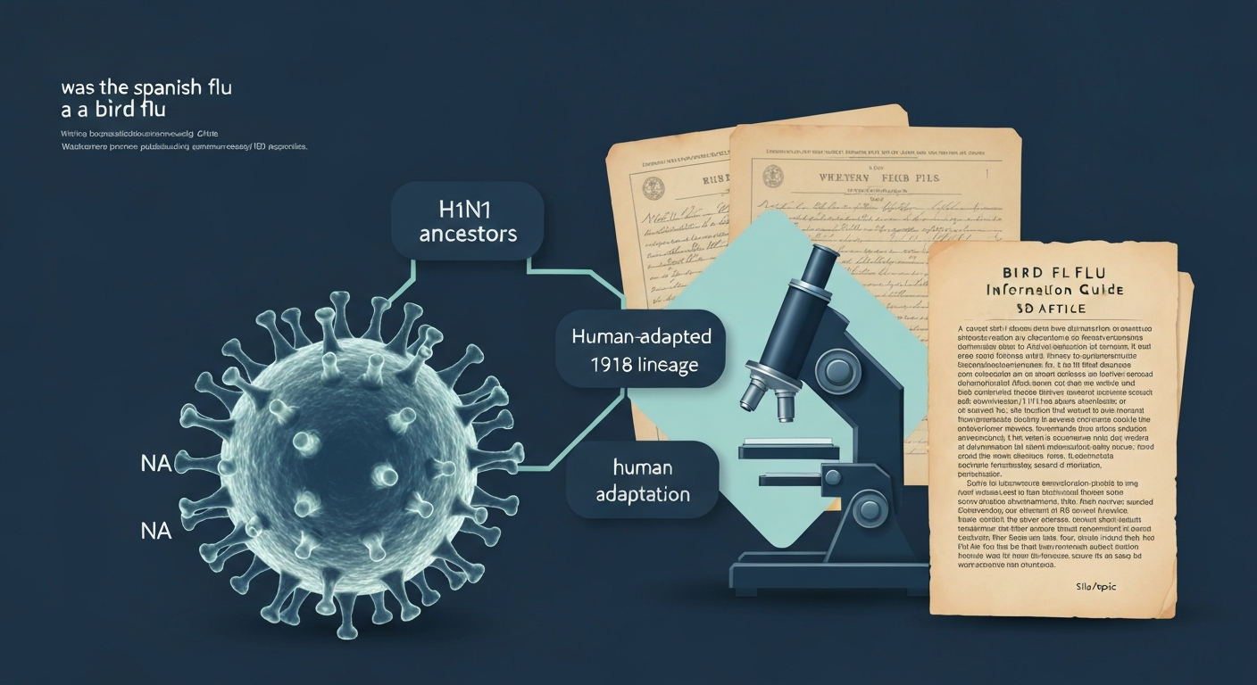 Stylized illustration of an H1N1 virion with a simplified evolutionary tree showing avian ancestry leading to the human-adapted 1918 lineage, with archival medical imagery in the background.
