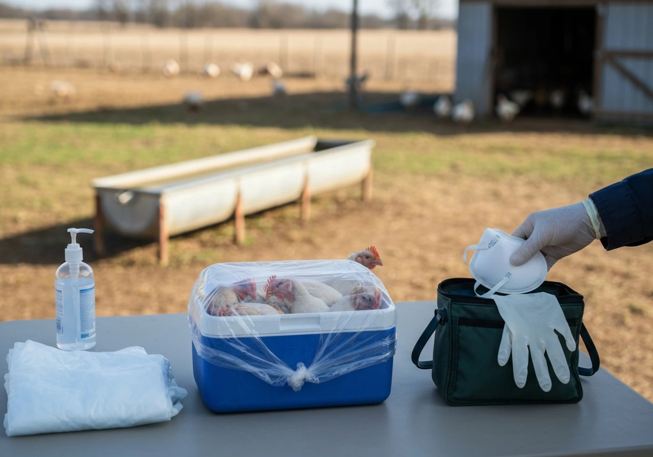 Biosecurity kit with N95, gloves, and farm poultry shed background for bird flu prevention