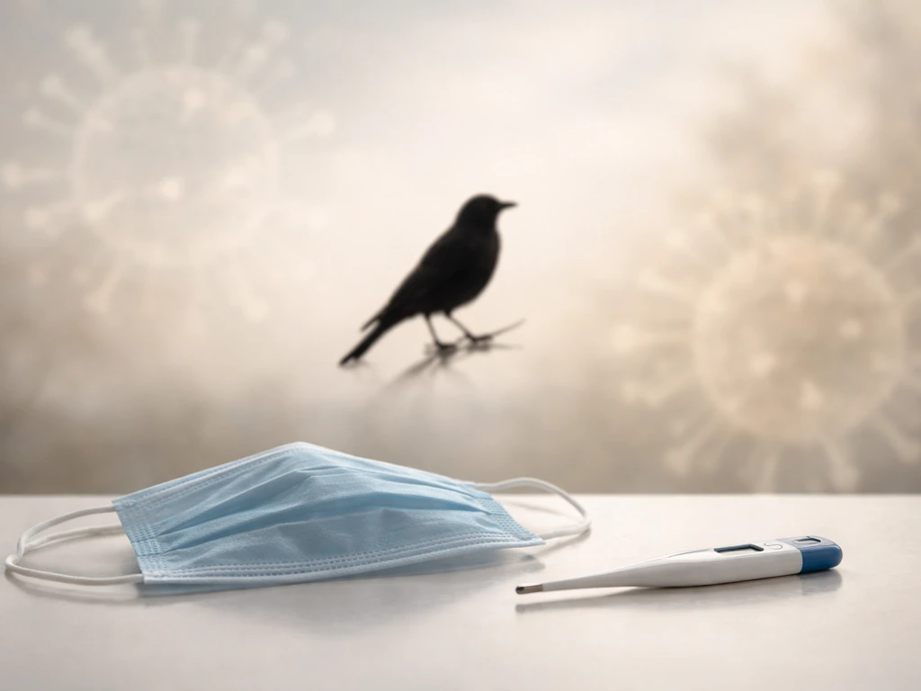 Wild bird silhouette over subtle virus-genome motif with simple prevention cues in a clean, calm scene.