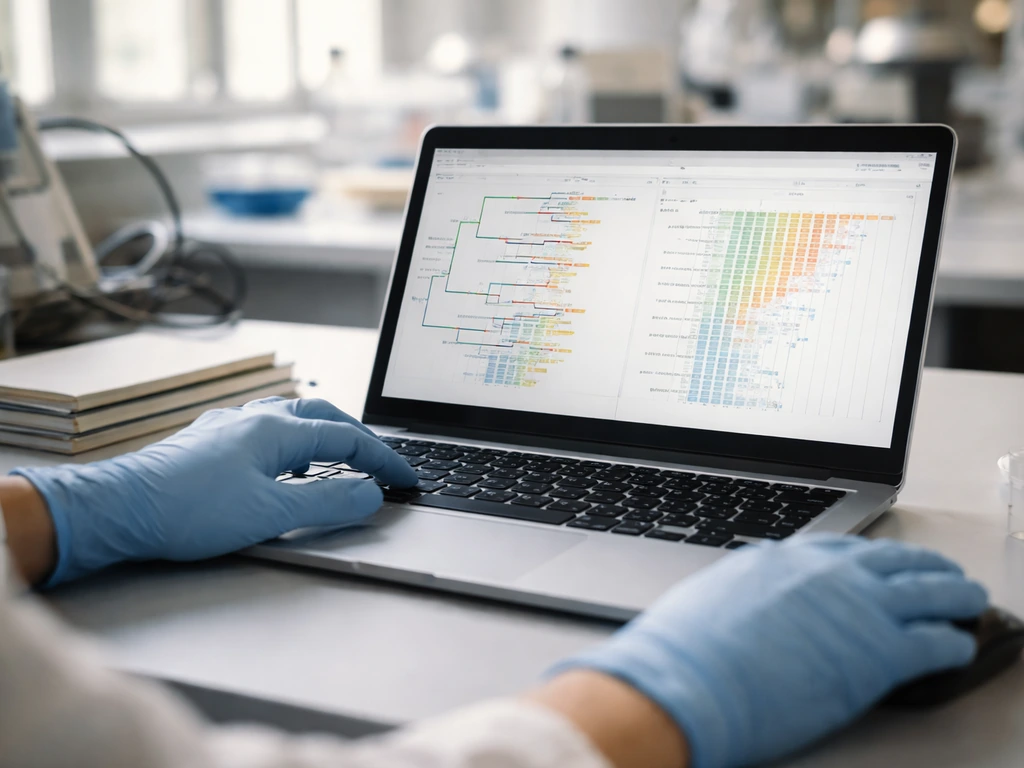 Researcher’s hands working on a laptop displaying viral genome sequence analysis in a quiet lab.