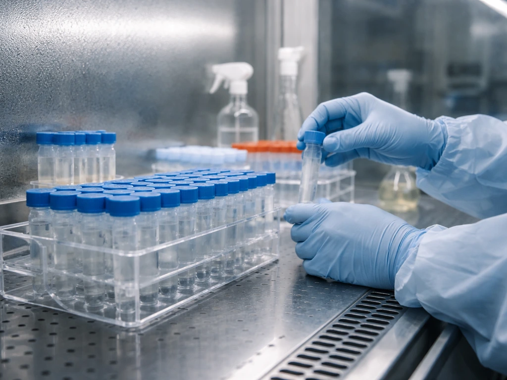 Research lab bench with sealed sample tubes and PPE in a minimal, sterile virology setting
