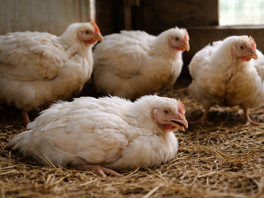Lethargic chickens in a straw pen showing signs of sudden illness, with softly blurred coop in background.