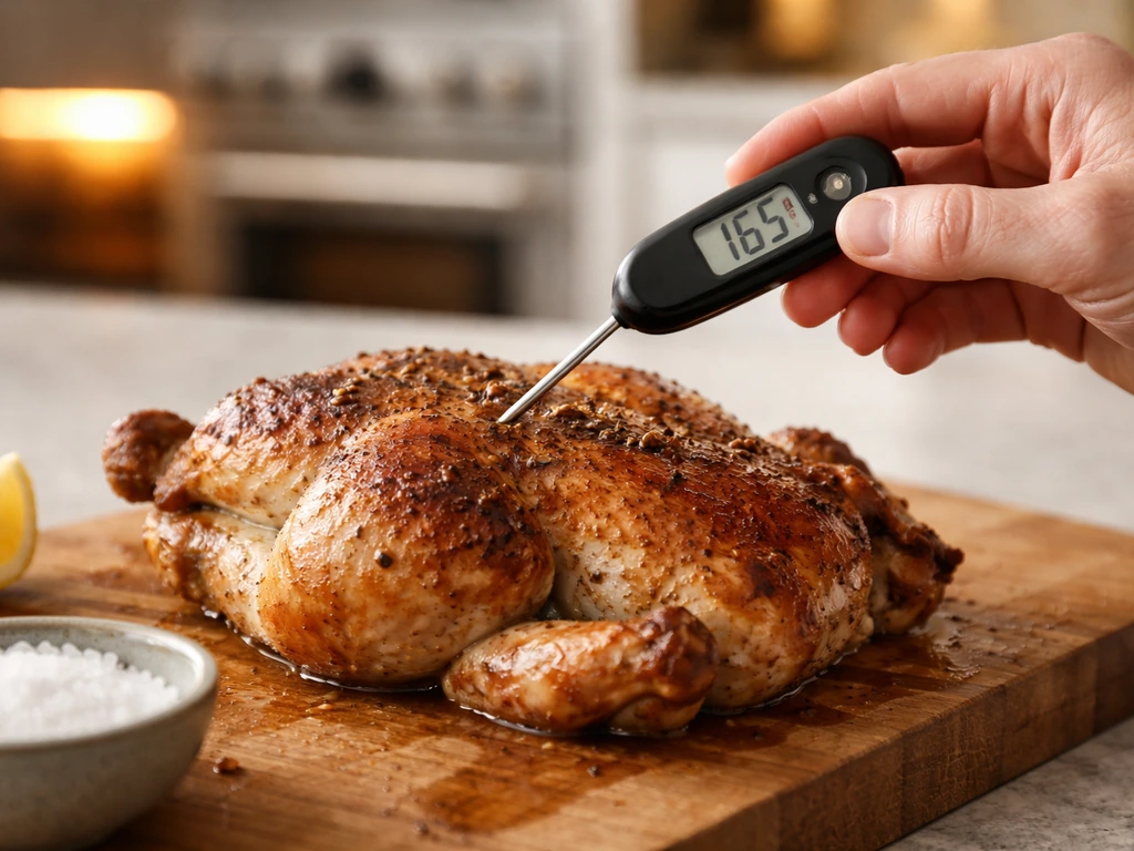 Cook checking poultry internal temperature with a thermometer in a simple kitchen setting