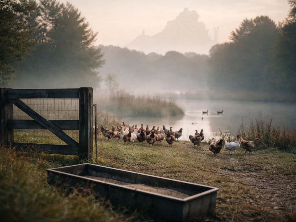 Minimal Virginia outdoors scene with a subtle H5N1-style alert mood near wild birds and poultry supplies