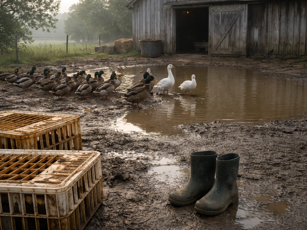 Ducks at a farm pond near a barn entrance with visible poultry crates and protective boots on wet ground.