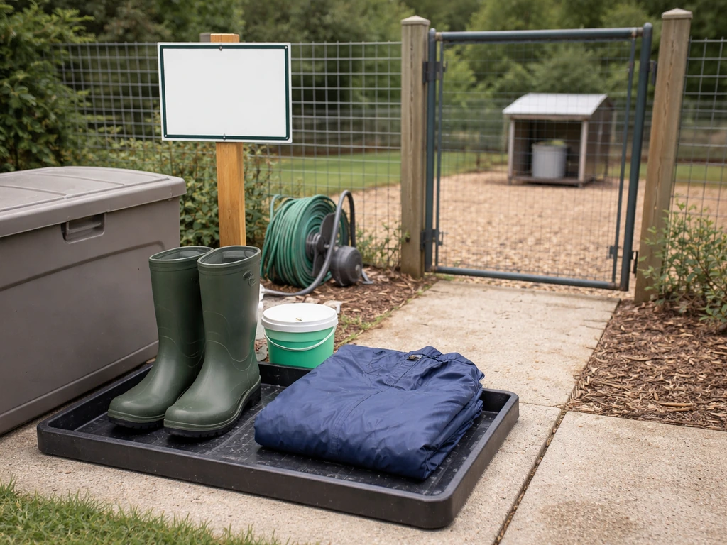 Dedicated boots, coveralls, and a biosecurity entry area beside a backyard poultry storage bin.