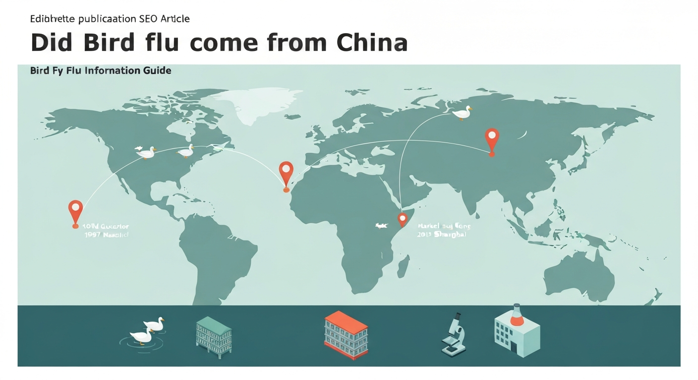 Infographic-style global map showing migratory bird flyways with China subtly highlighted, plus icons for wild waterfowl, a live poultry market, and a laboratory indicating key first detections.