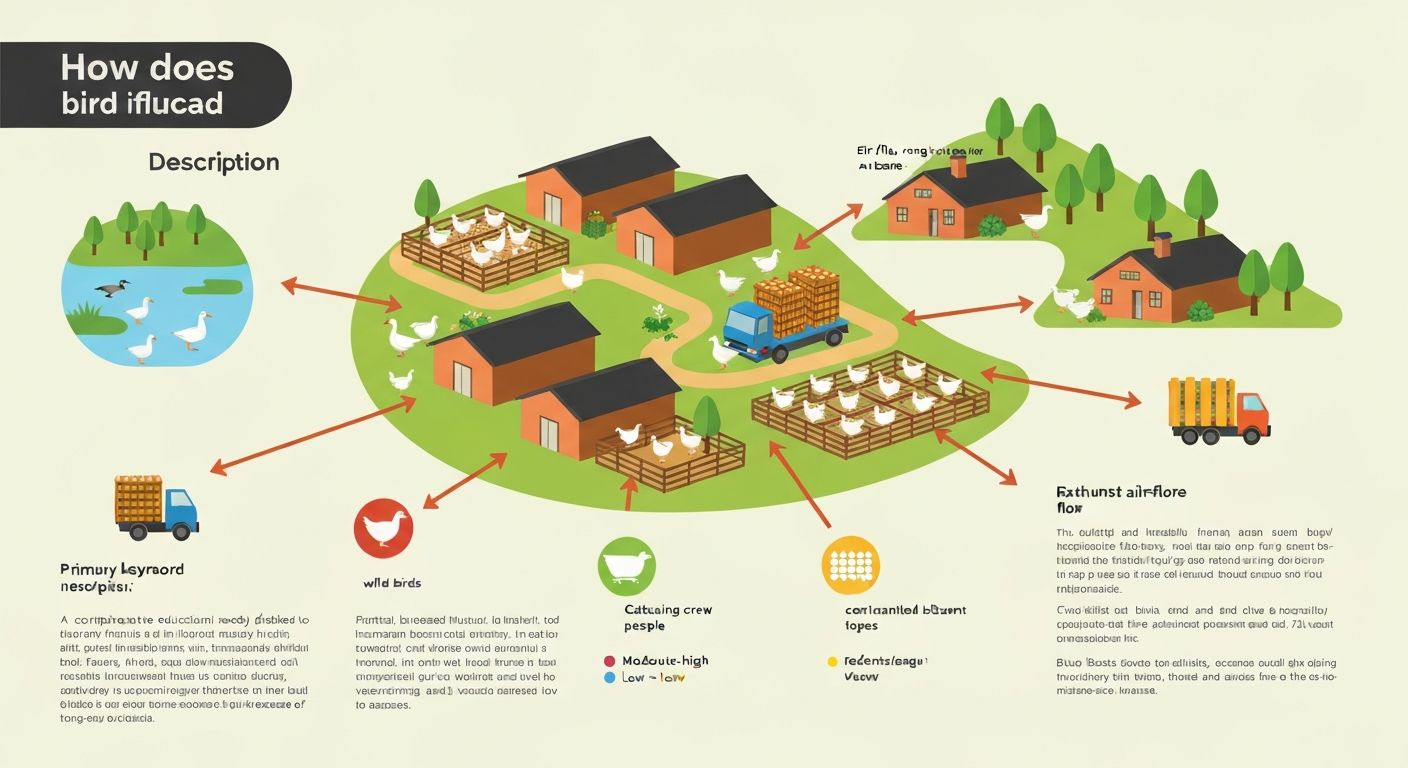 Infographic map showing primary farm-to-farm bird flu transmission routes: wild birds, vehicles, people, equipment, fomites and short-range airborne spread.