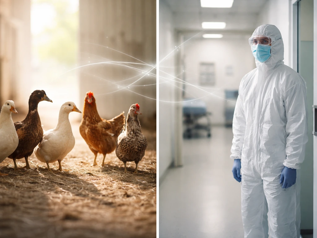 Minimal photo showing poultry near a protective healthcare setting, symbolically linked by subtle virus-like pathway lin