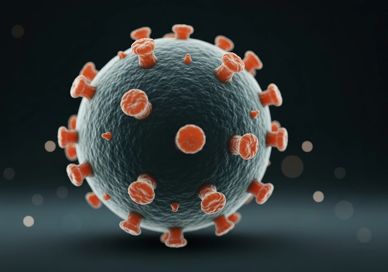 Macro-style close-up of an avian influenza virus with spike proteins representing HA and NA.