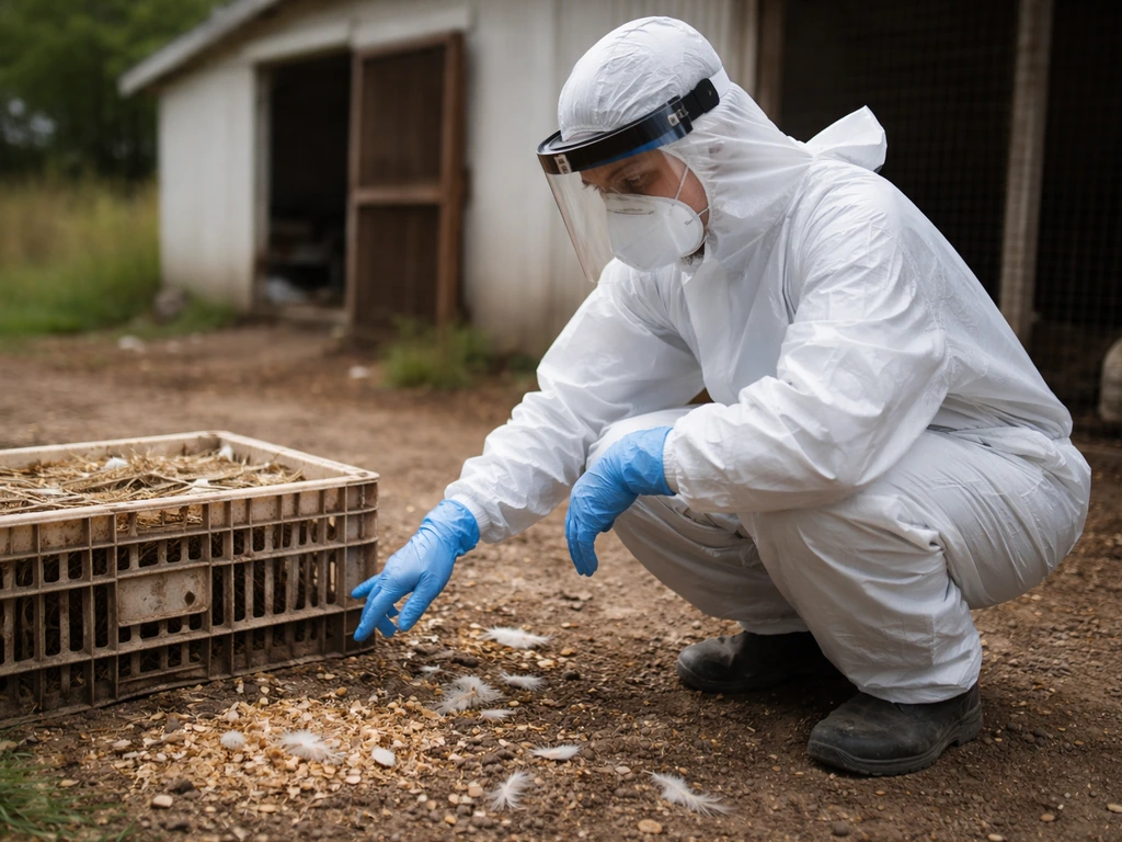 Anonymous PPE worker inspecting a small outdoor poultry area with scattered feathers and feed nearby.