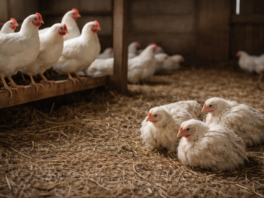 Split view of healthy and visibly ill chickens in a quiet barn, showing ruffled feathers and mild breathing signs.