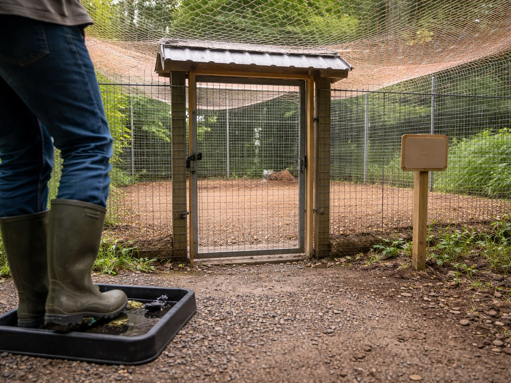 Enclosed chicken run with overhead netting and a controlled entry point with boot-scrub area.