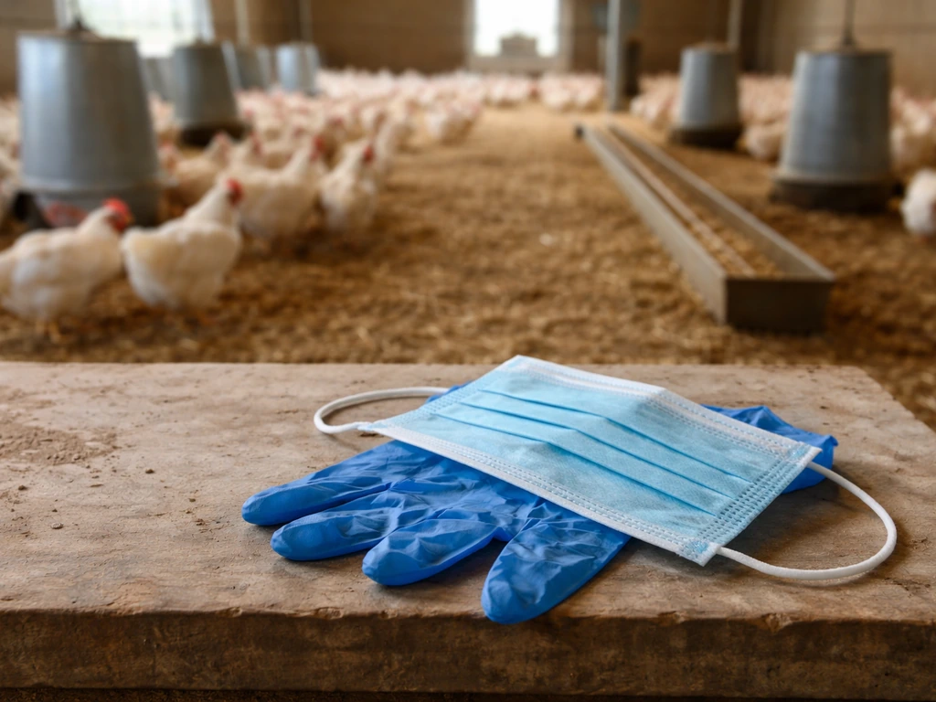 Poultry farm coop with a protective medical mask on a workbench, hinting bird flu risk for people
