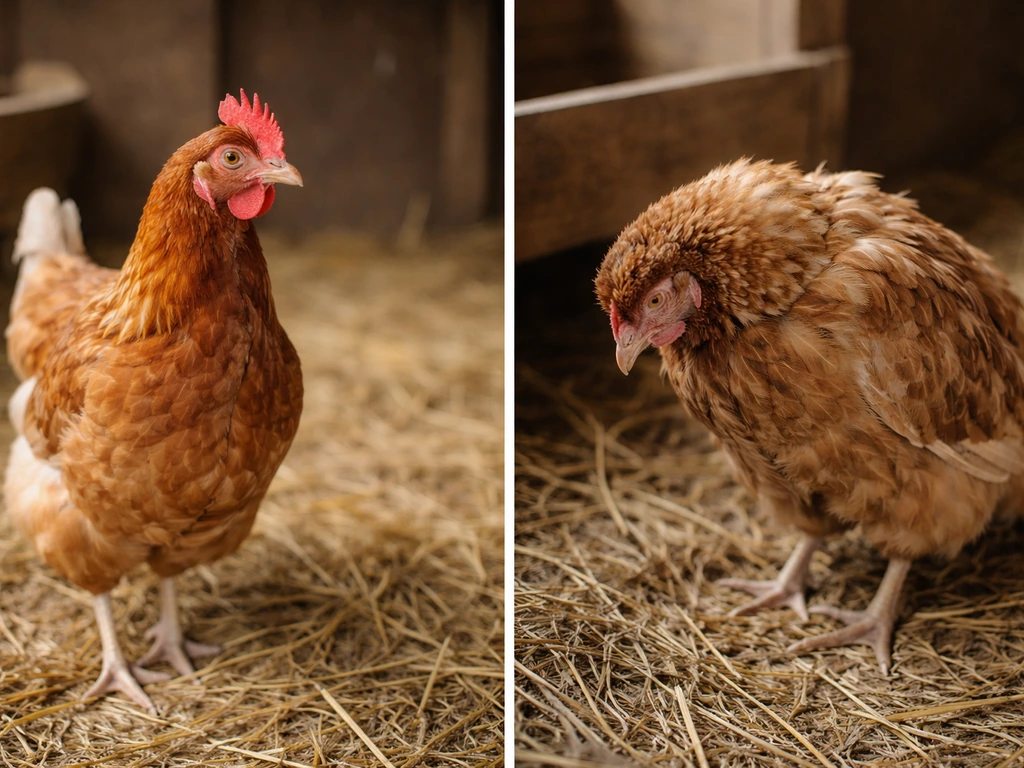 Left: healthy-looking chicken. Right: visibly ill chicken with drooping posture and fluffed feathers.