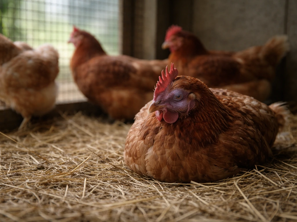 Listless chicken in a simple coop with subtle bluish-purple facial discoloration, straw bedding in natural light.