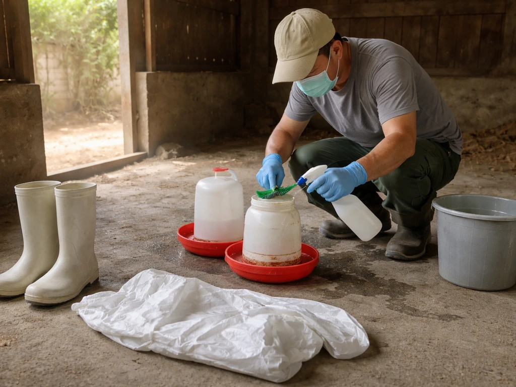 Gloved farm worker disinfecting poultry equipment and putting on protective PPE in a quiet coop area