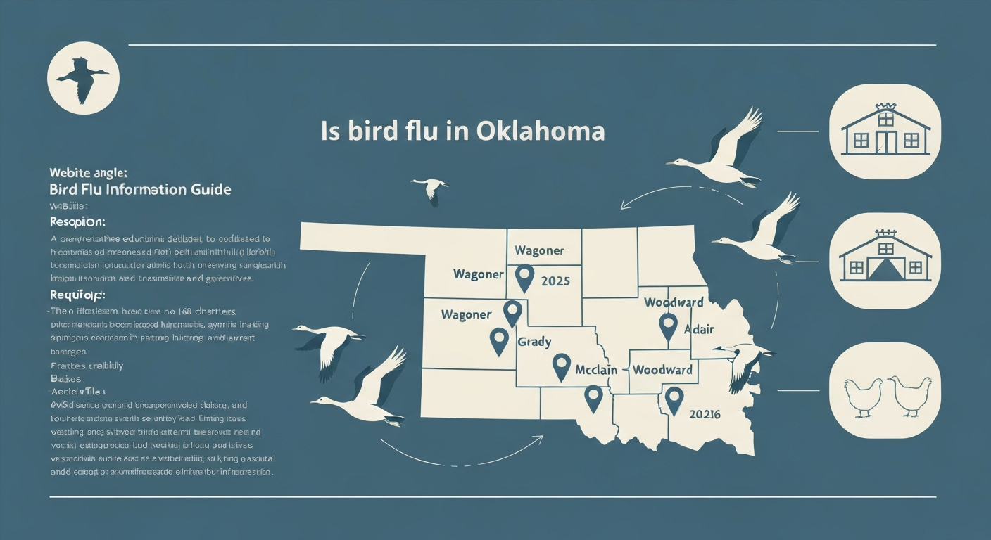 Infographic-style map of Oklahoma with county markers for recent HPAI detections, migratory bird silhouettes, and icons for backyard coop and commercial barn.