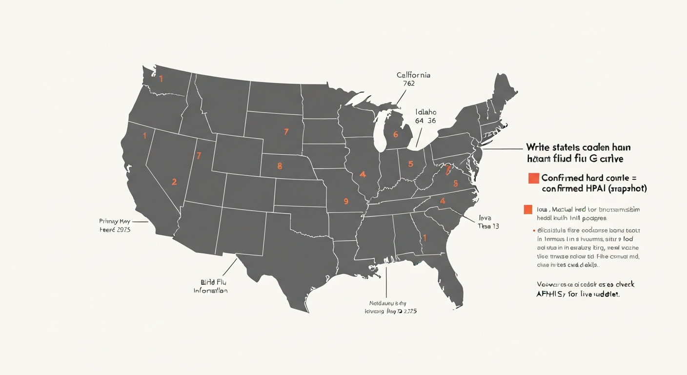 Stylized U.S. map highlighting states with confirmed HPAI H5N1 in cattle (May 2025 snapshot) with state-level herd counts and a legend noting this is a dated snapshot.