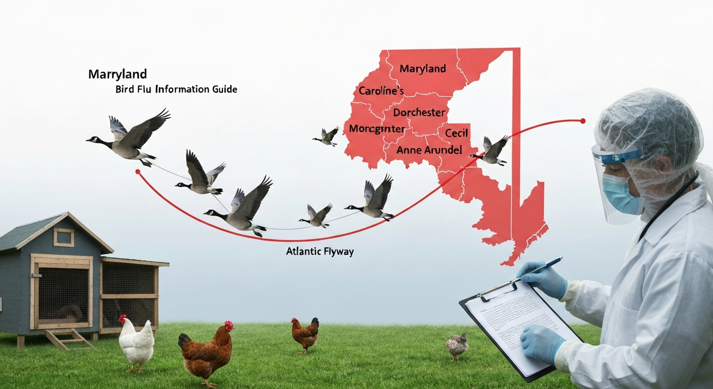 Map of Maryland with several counties highlighted, migrating waterfowl, a backyard chicken coop, and a technician in PPE collecting a bird sample to illustrate HPAI detections in the state.