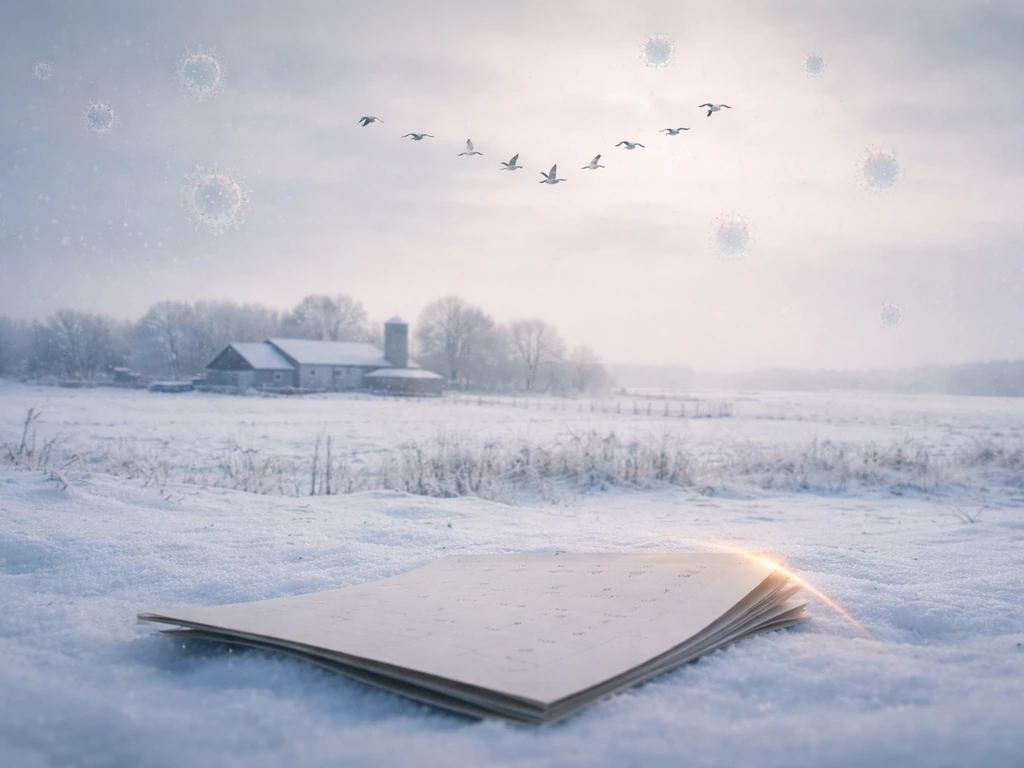 Winter poultry farm silhouette with migrating geese and a subtle seasonal light arc above it