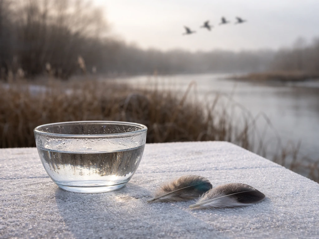 Winter wetlands still life with feathers and cold water, with distant birds flying in the background.