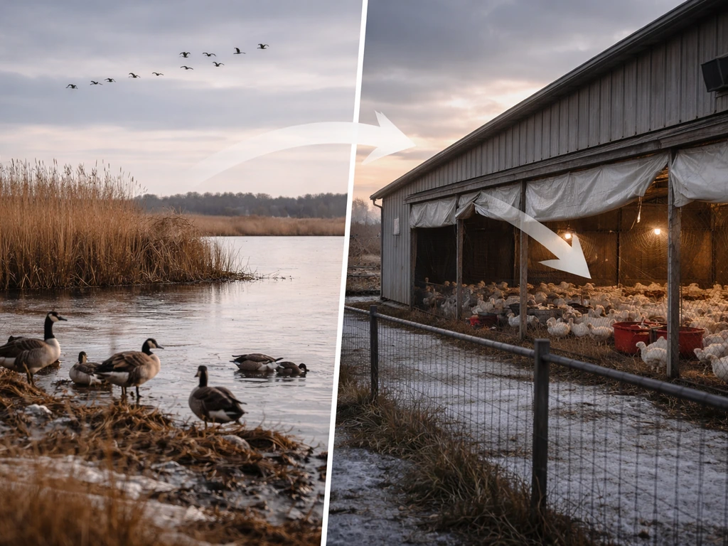 Split image: migratory waterfowl at a wetland and an anonymous poultry barn with outdoor feed/water.