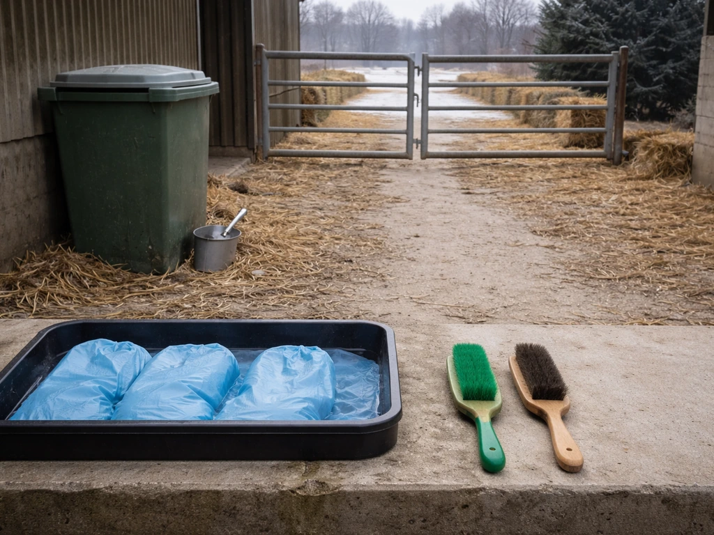 Farm biosecurity setup showing footbath and cleaned tools beside a covered feed bin in winter-ready conditions