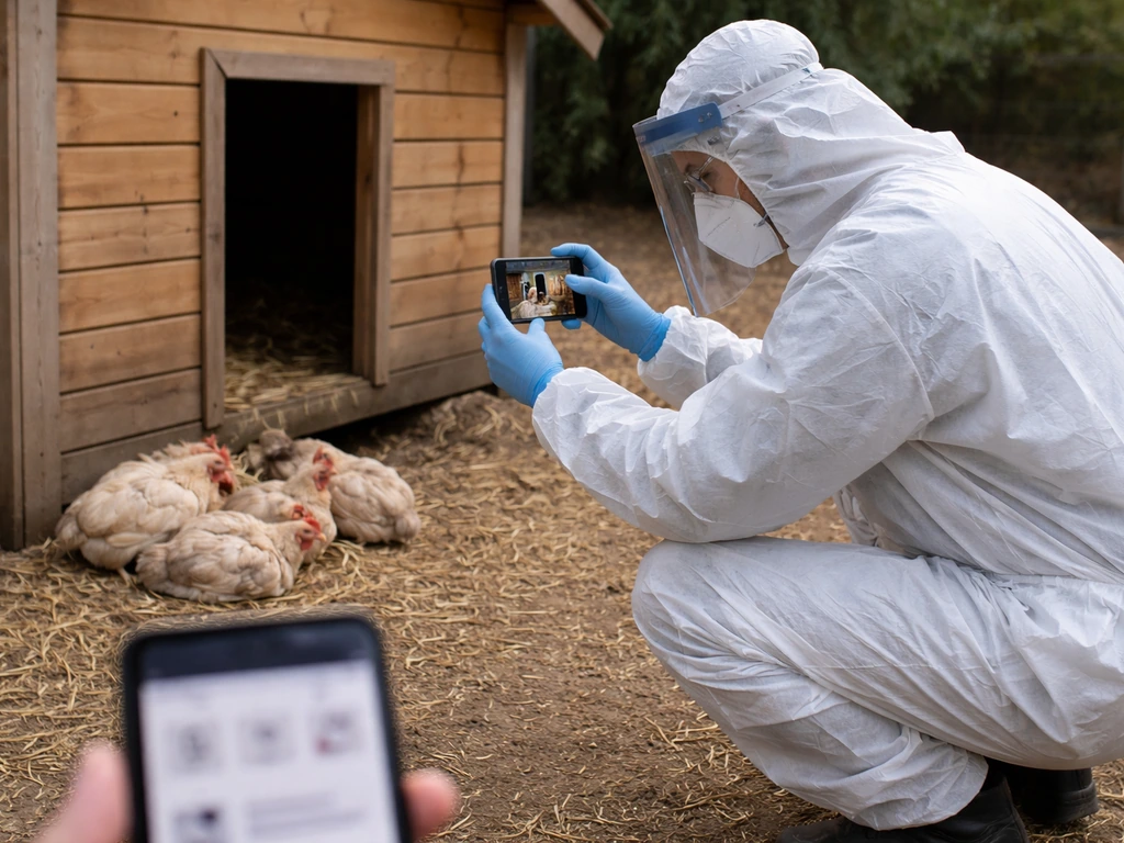 PPE-wearing poultry caretaker photographing sick birds at a distance and then checking a phone for official guidance