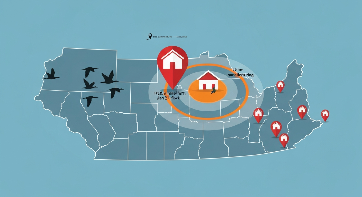 Illustrated map of Pennsylvania with outbreak hotspot markers, quarantine rings around a farm, and migrating birds showing HPAI spread risk.
