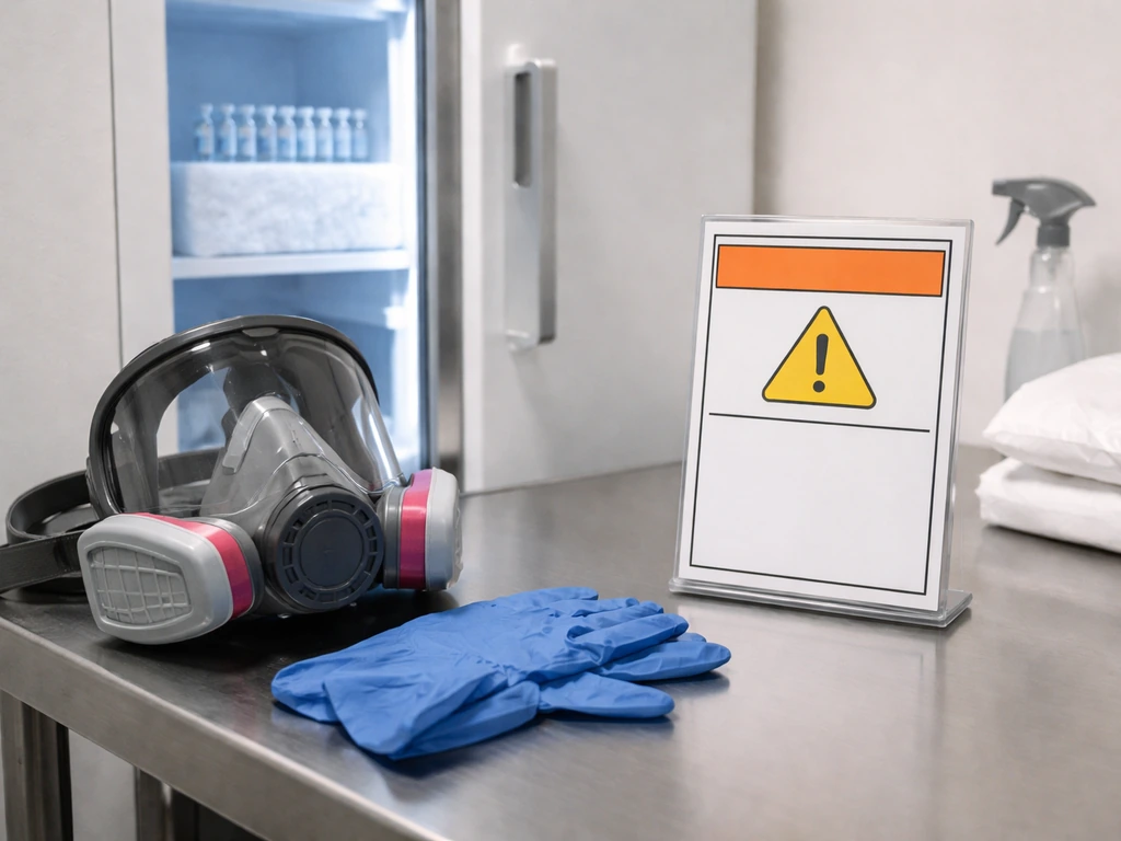 Protective respirator and glove beside biosecurity signage and medical vials near a closed freezer