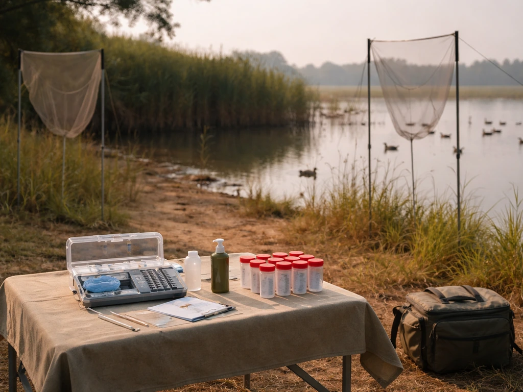 Field sampling setup for wild-bird surveillance near a waterfowl habitat by the shoreline.