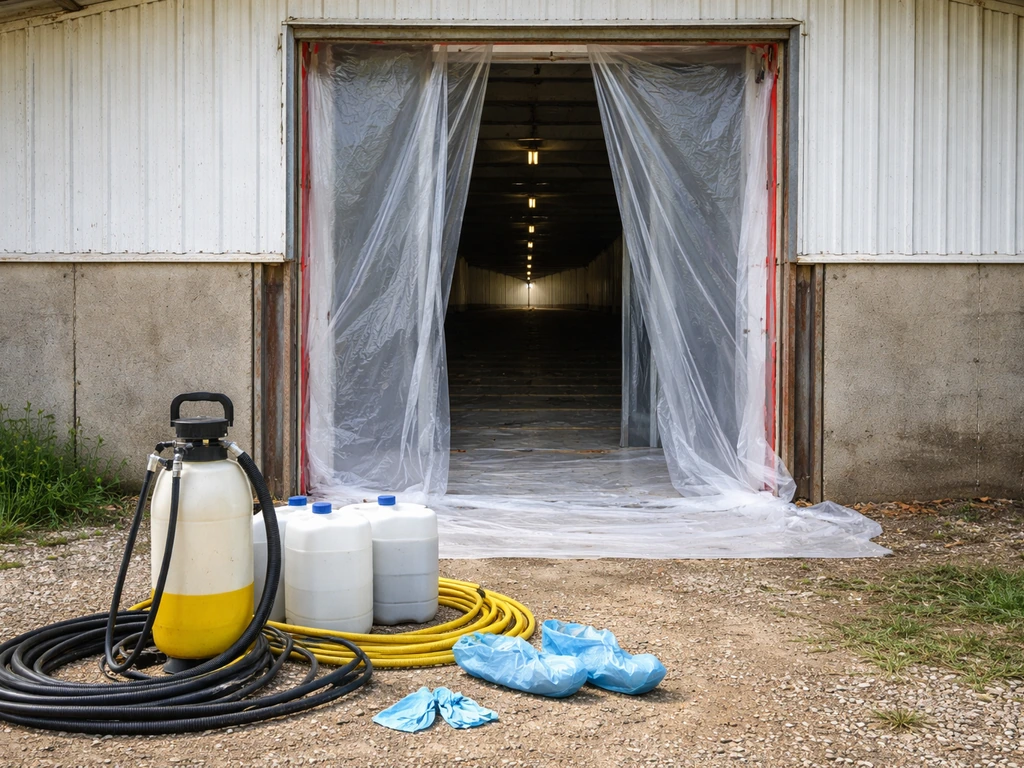 Containment barriers and sanitation equipment staged at an empty poultry house during cleanup