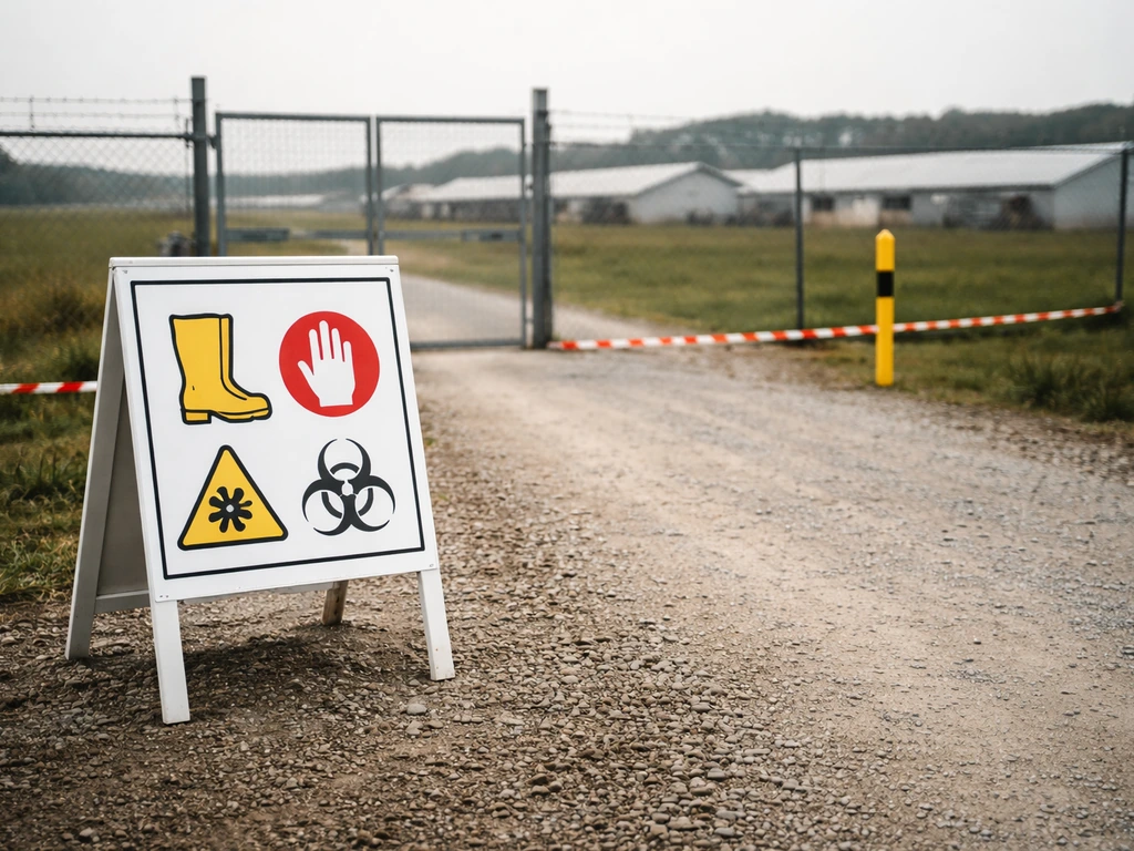 Biosecurity checkpoint at a poultry facility with simple zone boundary markers and tape.