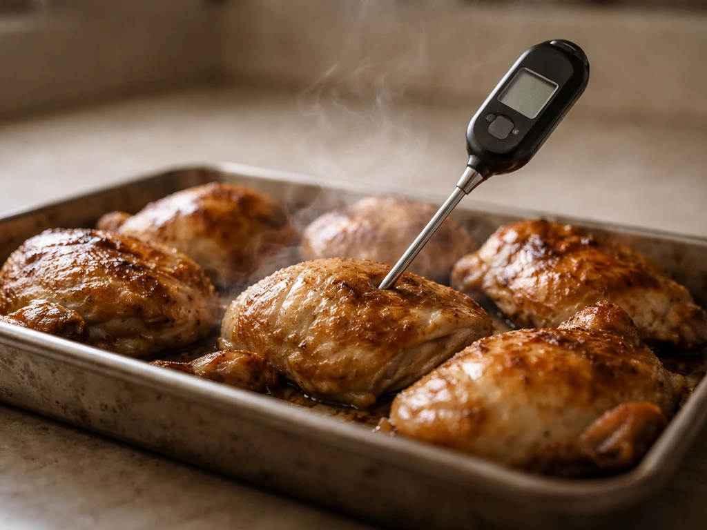 Close-up of poultry cooking with a thermometer inserted, steam rising from a simple tray in natural light.