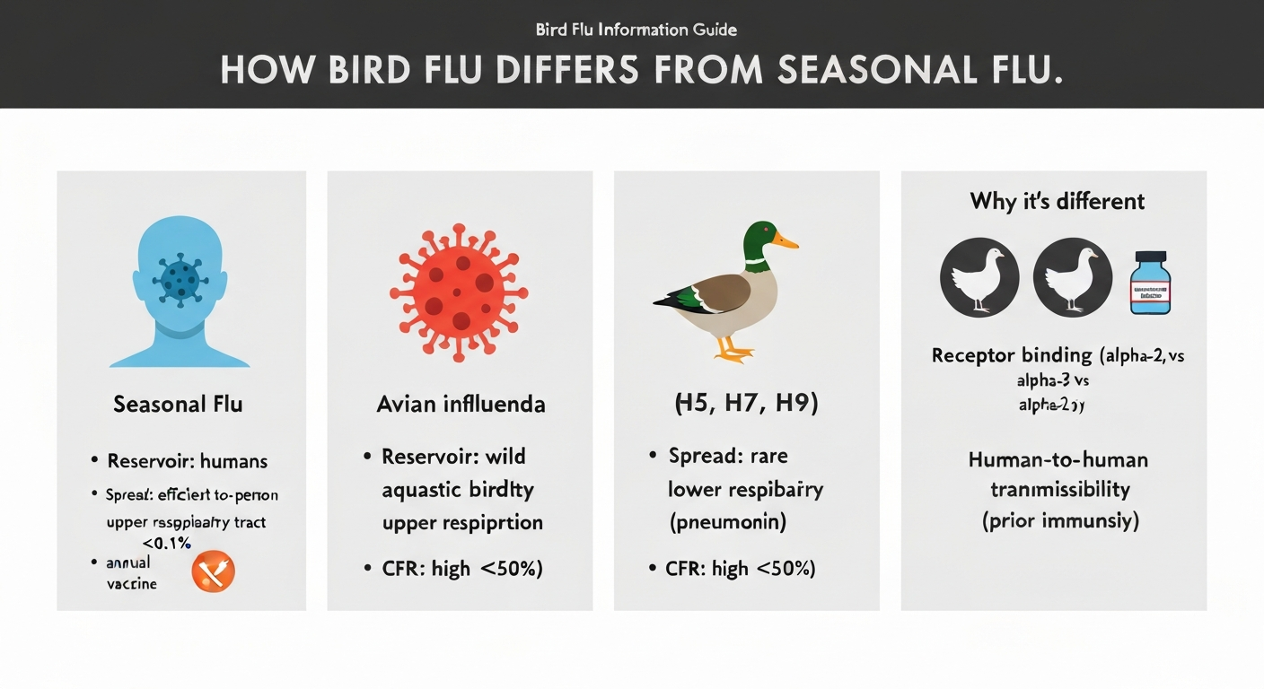 Infographic comparing seasonal flu and bird (avian) flu side-by-side with icons for reservoir, spread, illness site, case-fatality, vaccines, and a panel explaining receptor and transmissibility differences.