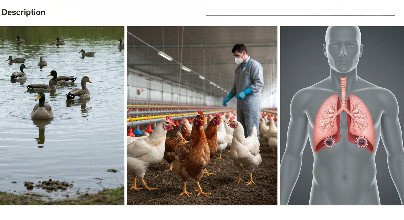 Triptych: wild ducks at a pond with droppings (intestinal shedding), chickens in a poultry house showing respiratory signs with a worker in PPE, and a medical cutaway highlighting human lower lungs targeted by avian influenza.