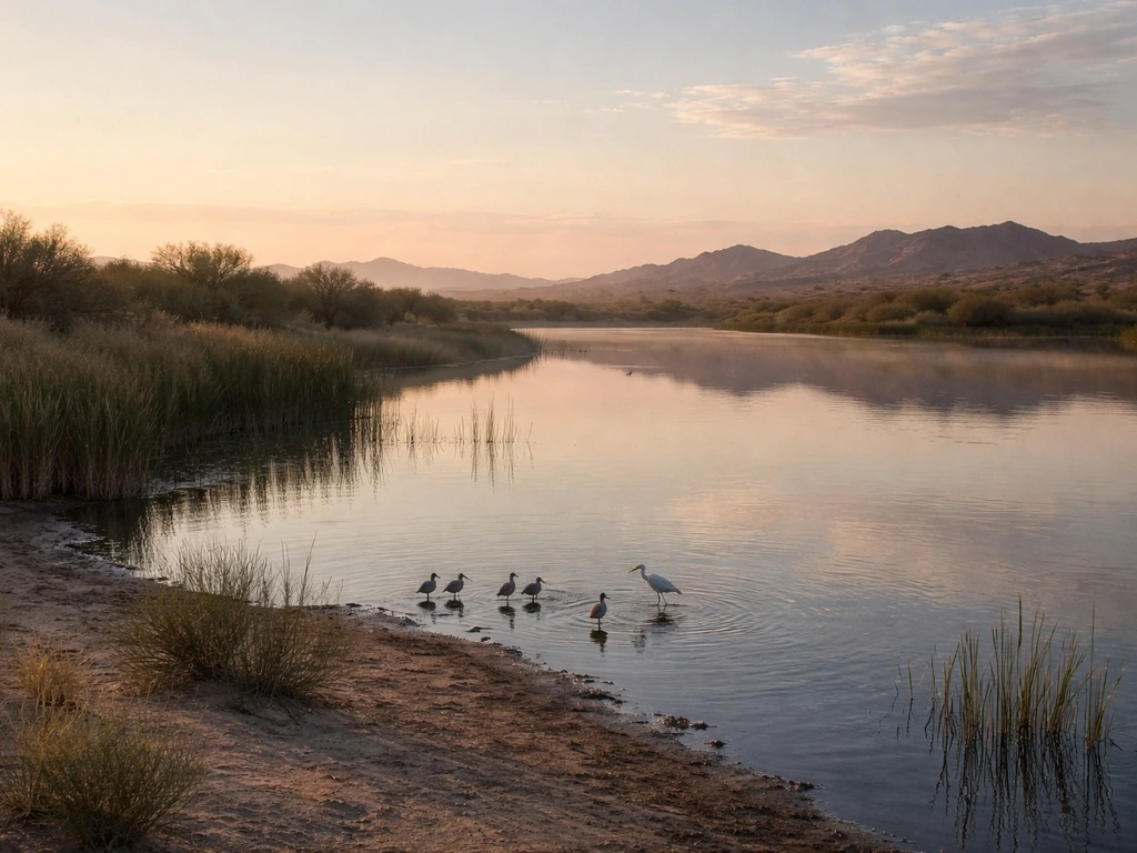 Desert wetland at sunrise with a few migratory birds on water, suggesting ongoing bird flu monitoring